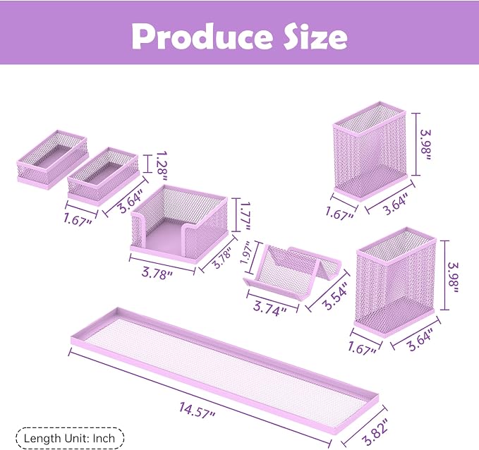 Pen Holder for Desk, 6-Piece Mesh Desk Organizer with Phone Holder, Purple | 6-Piece Black Mesh Desk Set Includes Pen Cups, a Sticky Note Caddy and Phone Holder for Office, School, Home