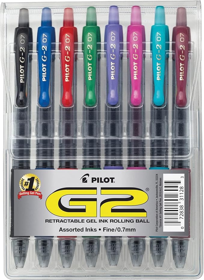 PILOT G2 Retractable Premium Gel Ink Roller Ball Pens, Fine Point, Assorted Colors, 8-Pack (31128)
