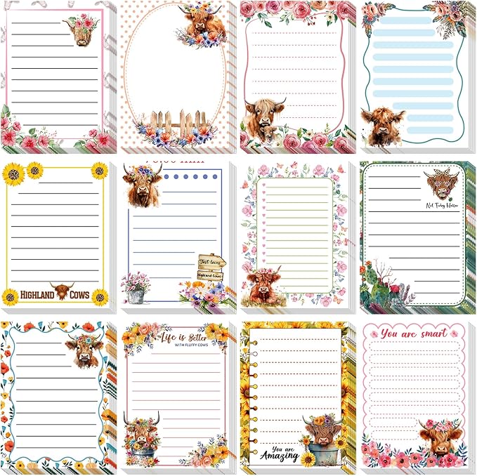 Chiisong 12 Pieces Highland Cow Sticky Notes 3x4 Inch Animal to Do List Just Loves Butterfly Sunflower Memo Notes Highland Cow Gifts Home Kawaii Cute Office Supplies