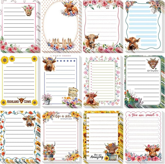 Chiisong 12 Pieces Highland Cow Sticky Notes 3x4 Inch Animal to Do List Just Loves Butterfly Sunflower Memo Notes Highland Cow Gifts Home Kawaii Cute Office Supplies