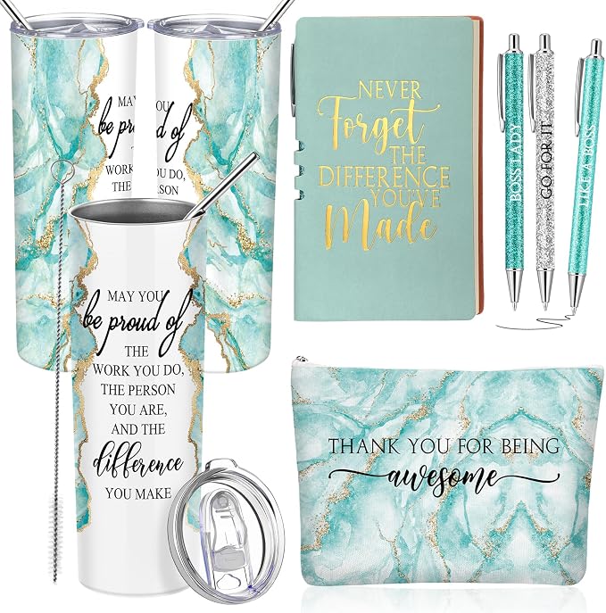 Domensi 6 Pcs Employee Appreciation Gift Set for Women Female Thank You Gift May You Be Proud 20 oz Rustic Marble Sign Tumbler Makeup Bag Journal for Boss Teacher Work Business(Green)