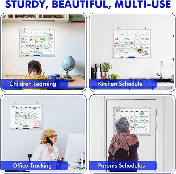 White Board Calendar Dry Erase for Wall, 24" x 18" Aluminum Frame | Magnetic Monthly Planner Board, Wall Mounted or Hanging. Calendar Design Suitable for Daily Planning of Home, Office, Class