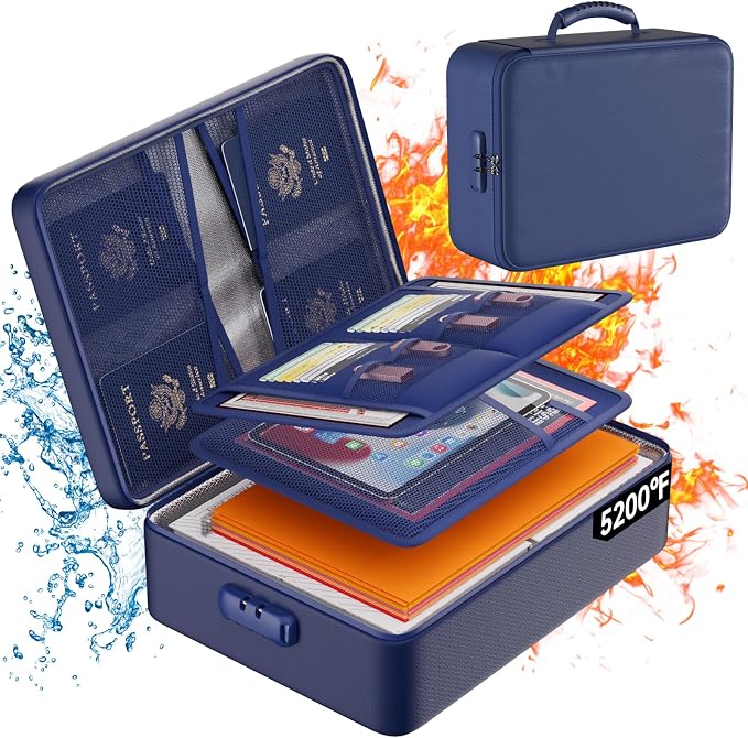 DocSafe 5200°F Fireproof Document Organizer Box with Lock, Blue (Soft) | Heat Insulated 8 Layers File Protection Bag,Water-Resistant Zipper,Portable Home Office Travel Safe Storage for Files,Laptop