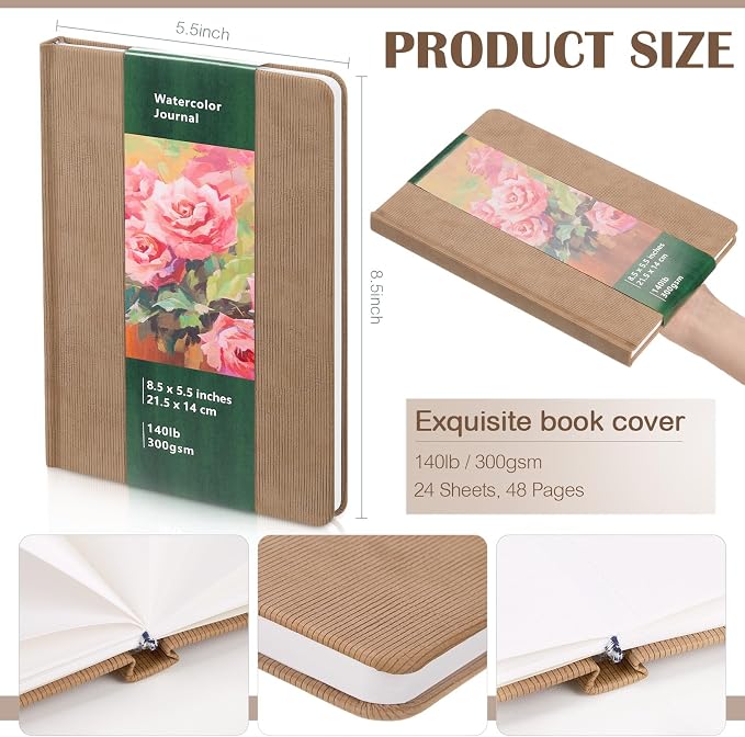 Dispowreath Watercolor Sketchbook 5.5" x 8.5" Suede Water Color Journal 24 Sheets 140lb/300g Cold Press Small Watercolor Sketchbook for Adults Mixed Media Drawing and Markers(Khaki)