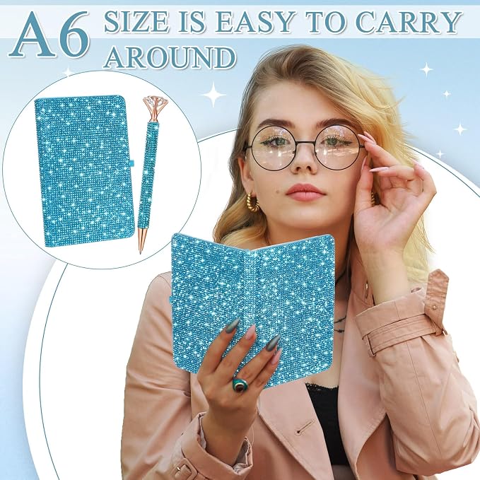Resholder Rhinestone Pen & Glitter Notebook Set, Hard Cover Bling Diary Journal for Girls, Cute School Supplies for Back to School, Sparkly Desk Accessories Gift for Women(Rhinestone,A6,Blue)