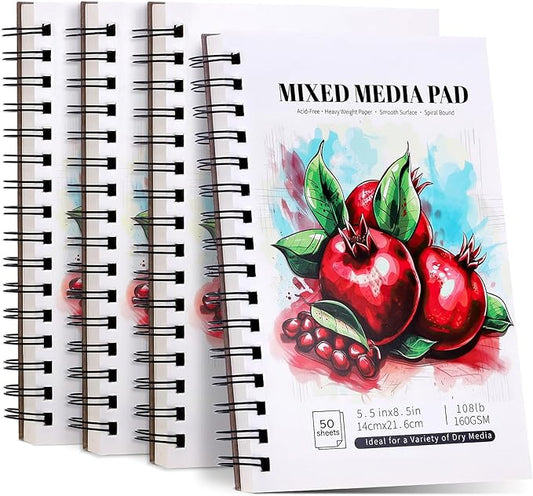 4 Pack Mixed Media Sketchbook, 5.5x8.5 inches Drawing Paper Sketch Book, 98lb/160gsm Heavyweight Spiral Bound Sketch Pads, Suitable for Wet and Dry Media, Drawing, Painting, Sketching(200 Sheets) | 160gsm acid-free paper, for dry and light wet media, l...