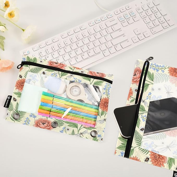 Gredecor 3 Ring Binder Pencil Pouch, Vintage Botanical Floral Zippered Pen Case Pouches with Clear Window, 2 Pack Stylish Office & School Supplie