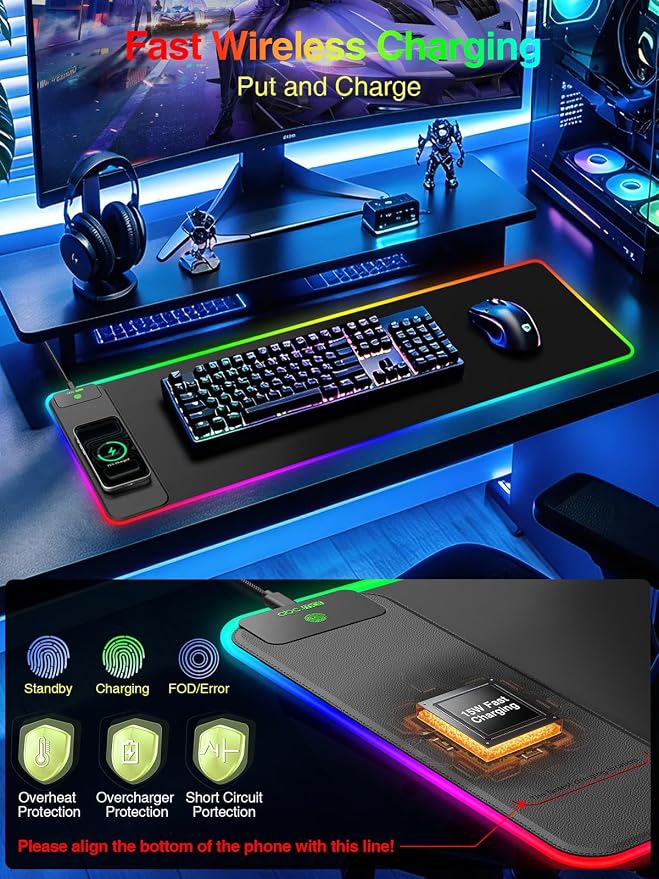 Wireless Charging Mouse Pad Gaming, 31.5"x11.8" Large Desk Mat, Waterproof | RGB Mousepad, Smooth Glide, Stitched Edge, Non-Slip Rubber Base, Desk Pad Computer Keyboard Mat, No Adapter