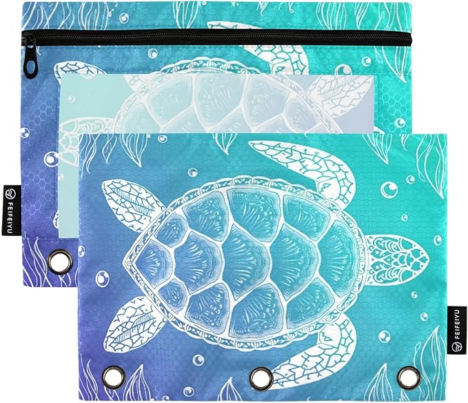 ALAZA Pencil Pouch for 3 Ring Binder, Underwater Sea Turtle Seaweed Print Binder Pencil Pouches with Clear Window Zipper Pencil Case Cosmetic Bags for Office College Supplies, 2PCS