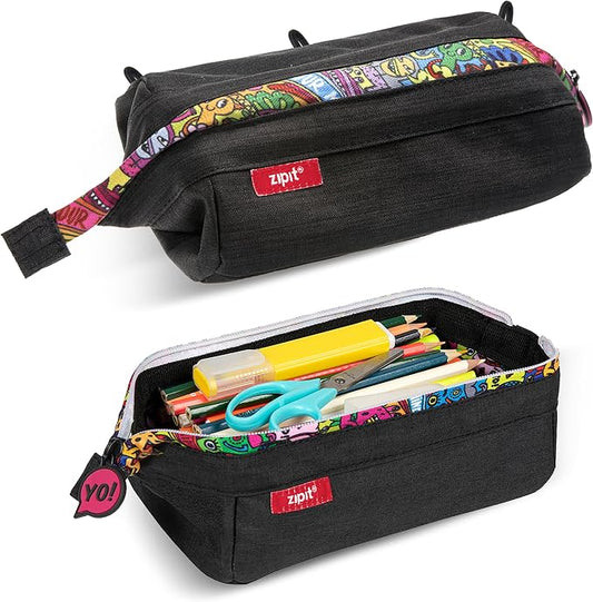 ZIPIT: Lenny Pencil Case - Black & Doodles - Large Storage Capacity Zipper Pouch, Makeup-Stationery Bag, School, Washable Polyester, Kids-Teens-Adults
