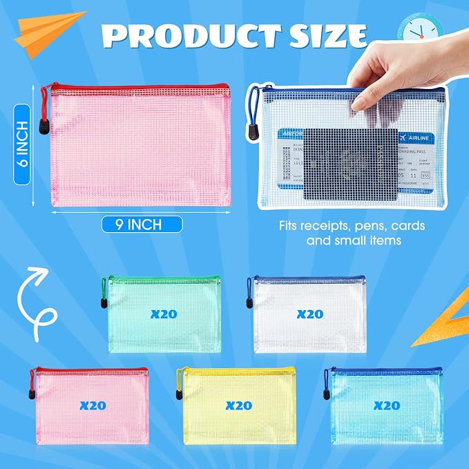 Handepo 100 Pack Mesh Zipper Pouch Pencil Pouches Bulk Storage Bag Small Clear Waterproof Purse Bag Multipurpose for Cash Board Game Passport Office (Multicolor Pouch Multicolor Zipper,A5)