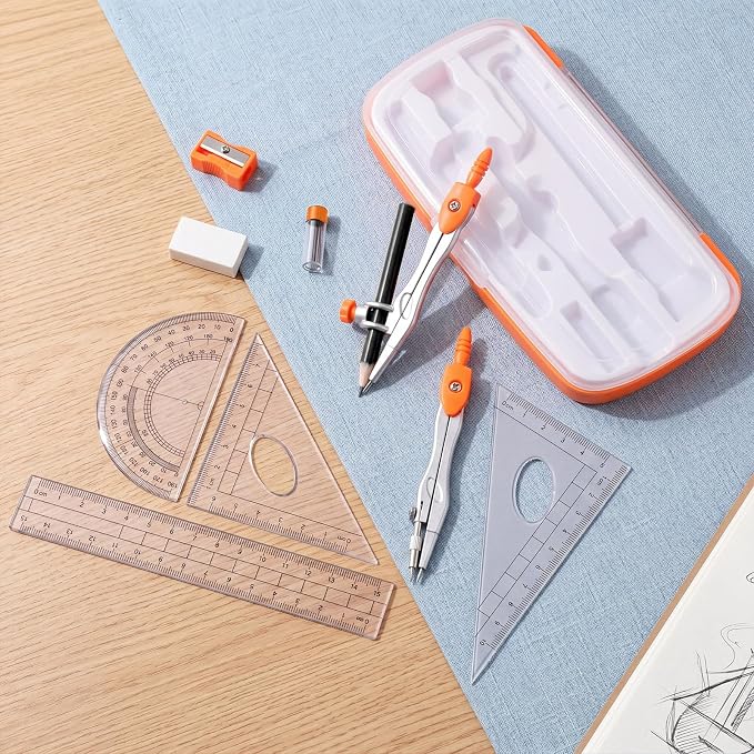 Zonon Math Geometry Set for Students 10 Pcs Compass Geometry Tools Kit Includes Protractor Compass Lead Refills Rulers Pencil Sharpener Eraser Pencil Storage Box for Drafting and Drawings(Orange)