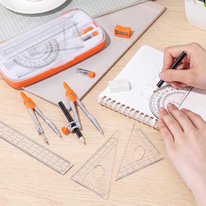 Zonon Math Geometry Set for Students 10 Pcs Compass Geometry Tools Kit Includes Protractor Compass Lead Refills Rulers Pencil Sharpener Eraser Pencil Storage Box for Drafting and Drawings(Orange)