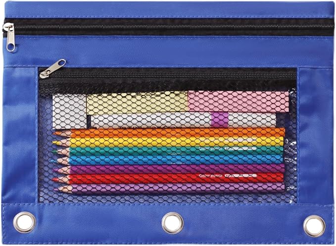 3 Ring Binder Pencil Pouch - Oxford Fabric Pencil Case with 2 Zippered Pockets, Clear Mesh Window Pencil Bag, B5 Size for Office & Travel Supplies (Blue)