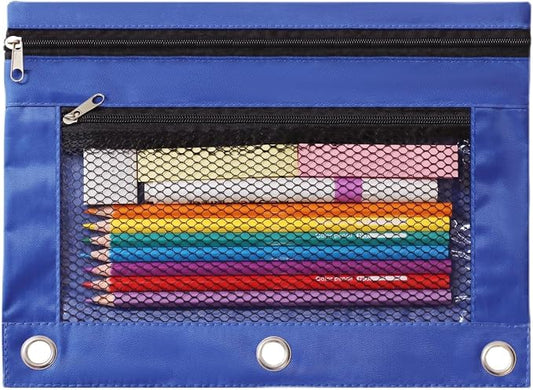 3 Ring Binder Pencil Pouch - Oxford Fabric Pencil Case with 2 Zippered Pockets, Clear Mesh Window Pencil Bag, B5 Size for Office & Travel Supplies (Blue)