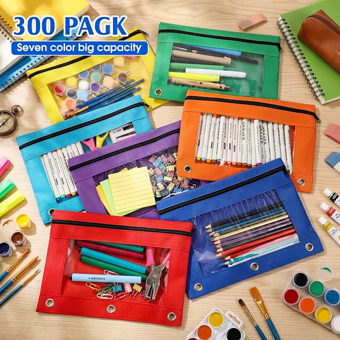 Zhehao 300 Pcs Binder Pencil Pouch Bulk Pencil Pouch for 3 Ring Binder with Zipper and Double Pocket for Writing Utensils School Supplies (Six Colors,Clear Style)