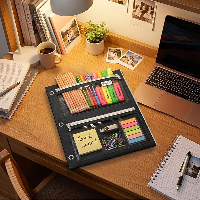 SKYDUE Pencil Pouch for 3 Ring Binder, 3 Compartment Zipper Pencil Case, Large Capacity Pen Organizer with Clear PVC Window for School Supplies, Students, Kids & Teachers