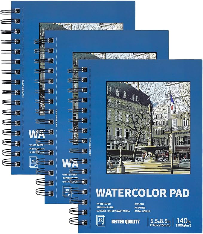 3 Pack 90 Sheet Watercolor Paper Pad 5.5“ x 8.5”, 140lb/300 GSM Cotton Cold Press Spiral Bound Pad Watercolor Sketchbook for Adults, Mixed Media,Markers, Art Painting, Journal