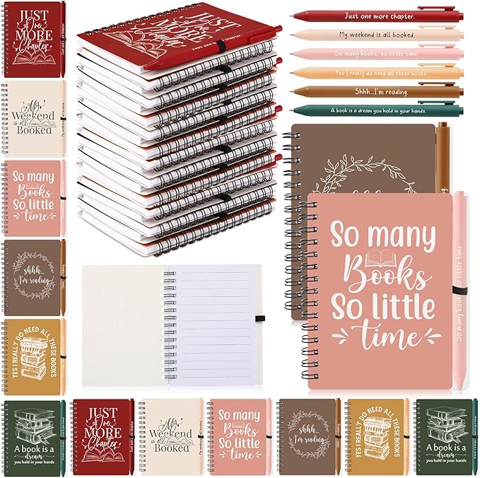 Thenshop 12 Sets Book Lover Gift Librarian Inspirational Spiral Notebook Pen Bulk Book Club Gift Reading Journal Librarian Back to School Gifts for Women Reader Teacher Bookish Bookworm (Retro Color)
