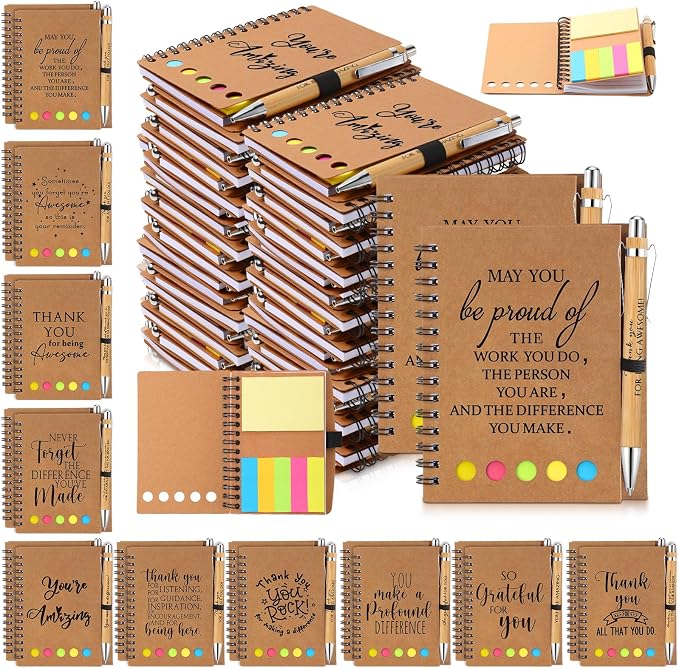 Honoson 120 Set Back to School Teacher Appreciation Gifts Bulk Inspirational Notebook with Sticky Note and Bamboo Pen Set Coworker Thank You Gifts for Employee Team Staff Office Group (Kraft)