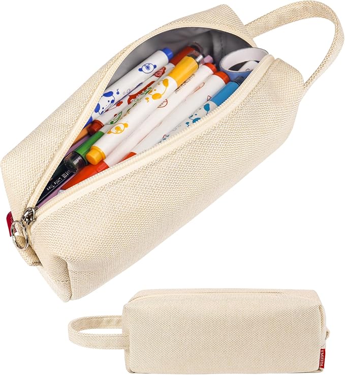 Fmeida Pencil Case Pouch - Water Resistant Pencil Pouch Portable Pencil Bag Simple Office Supplies Stationery Pouch with Handle - Retro Beige