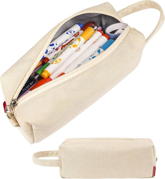 Fmeida Pencil Case Pouch - Water Resistant Pencil Pouch Portable Pencil Bag Simple Office Supplies Stationery Pouch with Handle - Retro Beige