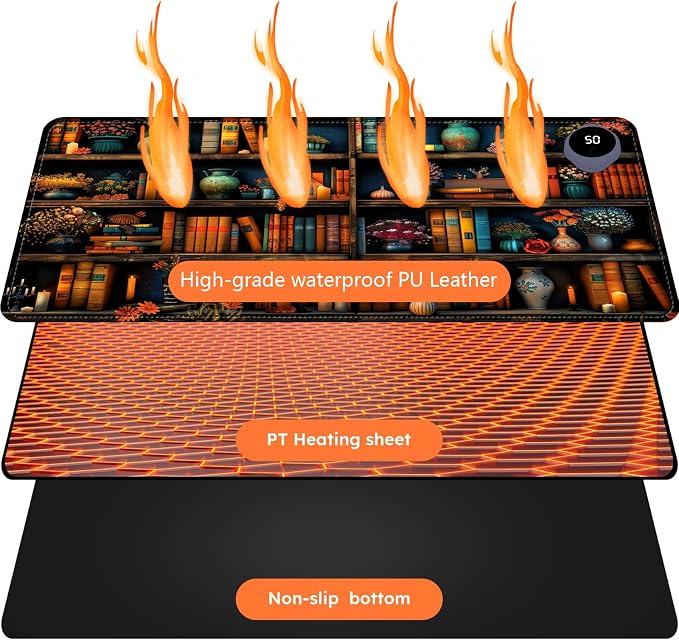 Heated Mouse Pad with 3 Levels Heated & 3 Hours Auto Shut-Off Mouse Pad for Warming Hands in Office Home, 31.5" x 13"Large Safe Desk Mat Hand Warmer，Vintage Colorful Bookshelf