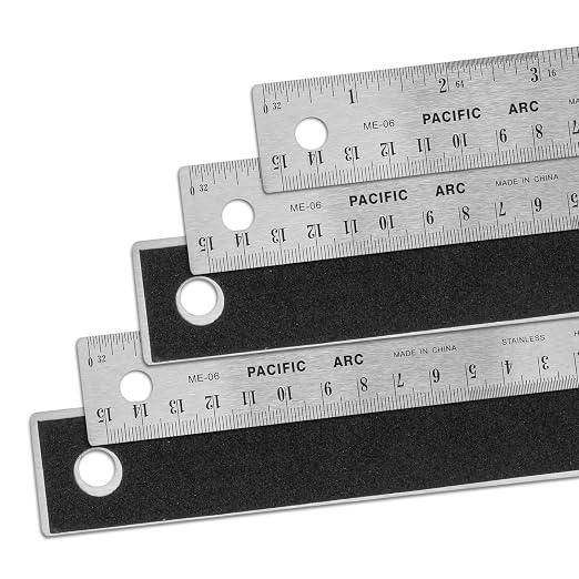 5 Pack | Stainless Steel 6 Inch Metal Ruler Non-Slip Rubber Back, with Inch and Metric Graduations