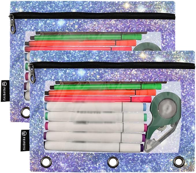 ALAZA Pencil Pouch for 3 Ring Binder, Sparkling Blue Purple Print Binder Pencil Pouches with Clear Window Zipper Pencil Case Cosmetic Bags for Office College Supplies, 2PCS