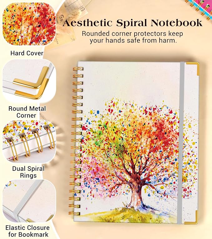 Lined Spiral Notebook Journal for Women, 150 Pages Cute Notebooks 5.75” x 8.38”, A5 Hardcover Spiral Journals with 100 GSM Thick Paper, College Ruled Notebook for Writing Work School, Colorful Tree of Life