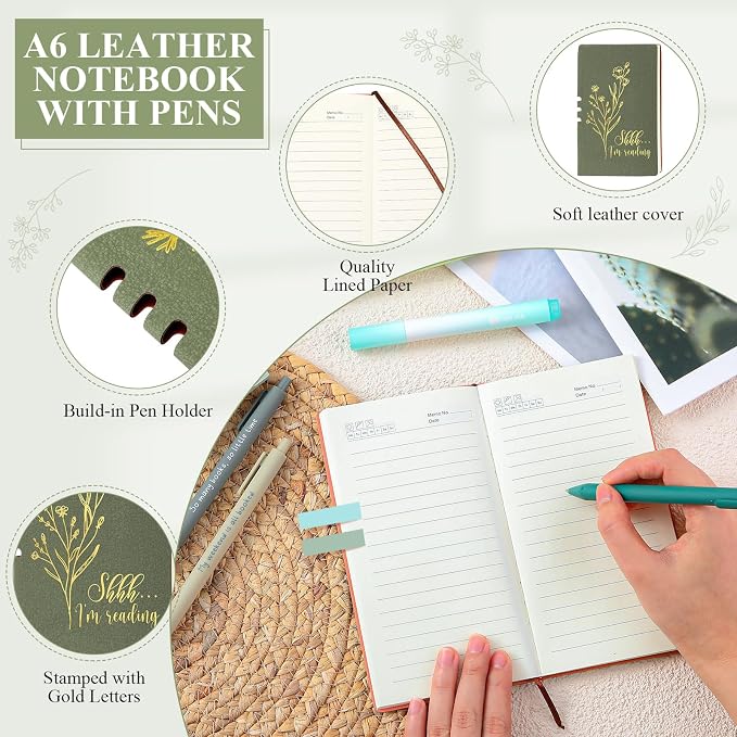 Havawish 14 Pcs Book Lovers Gift for Women 16 oz Glass Cup Tote Bag A6 Journal Notebook Pens Highlighters Sticky Notes Back to School Teacher Librarian Bookish Book Club(Light Green,White Flowers)