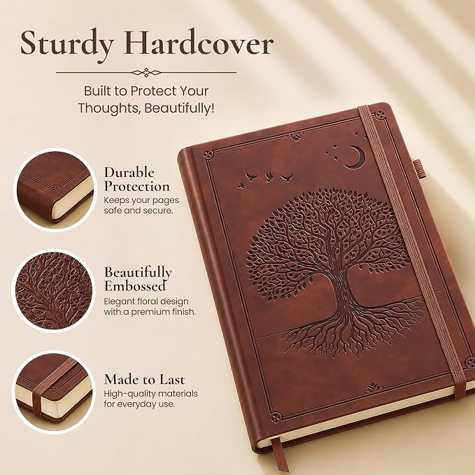Lined Journal Notebook Hardcover Leather Bound 200 Pages A5 Brown Diary | College Ruled 5.7x8.4" Journaling Notebooks for Men & Women, Writing for Personal, Small Travel Daily Note Book Tree of Life