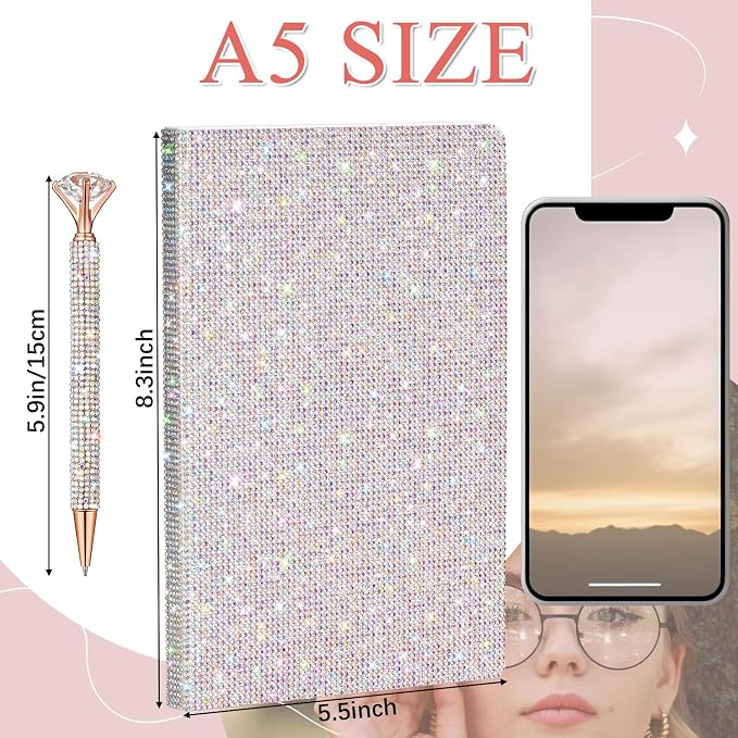 Rhinestone Pen & Glitter Notebook Set, Hard Cover Bling Diary Journal for Girls, Cute School Supplies for Back to School, Sparkly Desk Accessories Gift for Women(Rhinestone,A5,Silver)