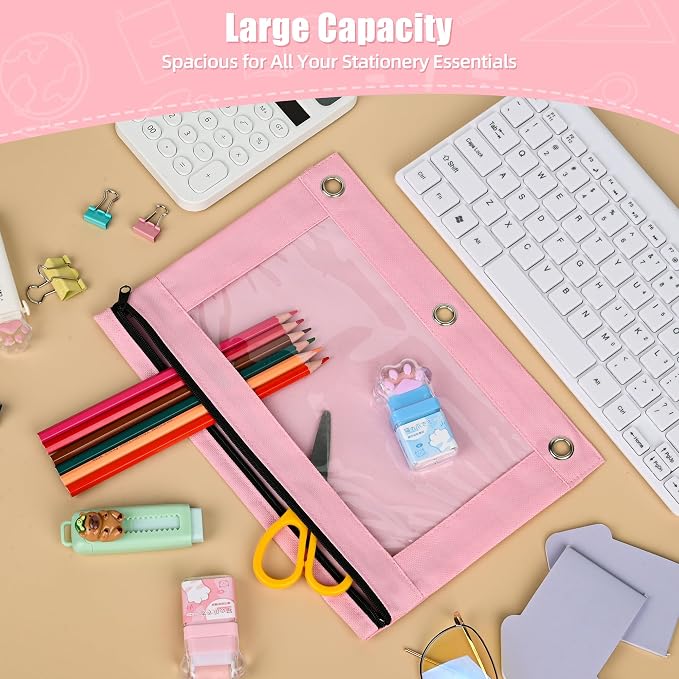 Lanpn Pencil Pouch for 3 Ring Binder 6 Pack, Pink Binder Pen Bags with Zipper, Cute 3 Holes Pencil Pouches Organizer for Boy Girl Kids School Student, Reinforced Grommets & Clear Window