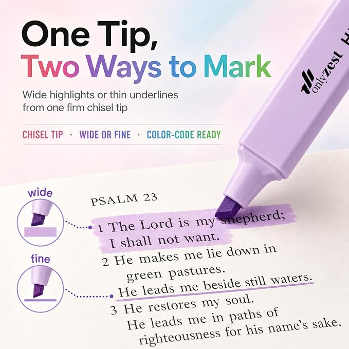 10 Aesthetic Bible Highlighters - Chisel Tip Liquid Ink Marker | Pen with Snap Caps for Clean Highlighting - Assorted Colors, No Bleed & Quick Dry - Bible Marker for Journaling & Studying