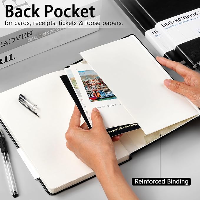 A5 Lined Journal 6 Pack - Black PU Leather Hardcover Notebook, 100gsm Thick Paper, 200 Pages (100 Sheets), Office Work Business Notebook with Table of Contents & Back Pocket for Meetings & Teams
