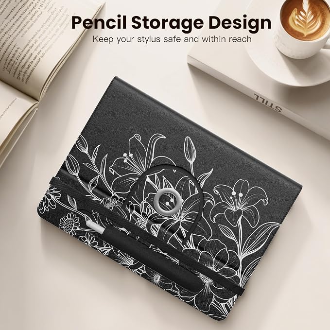 MoKo for Universal 11 inch Android Tablet Case with Pen Holder, Line Flower | Fits All 9.6-11 inch Tablets, Slim 360 Degree Rotating Cover, Multi-Angle Stand, Front Pocket, No fit iPad/NO back opening