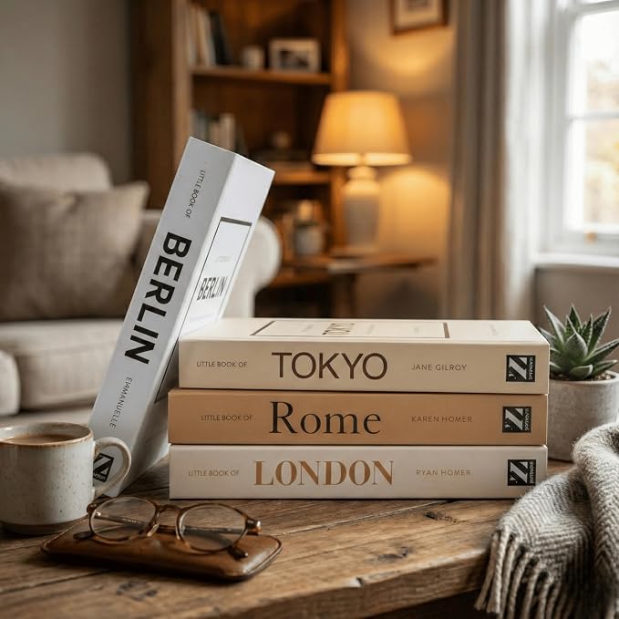 PROBENEX 4 Pcs Decorative Books | Faux Mocha Coffee Table & Shelf Decor | Warm Modern Look for Living Room, Office and Entryway - Not Real, Tool-Free 2-Min Setup