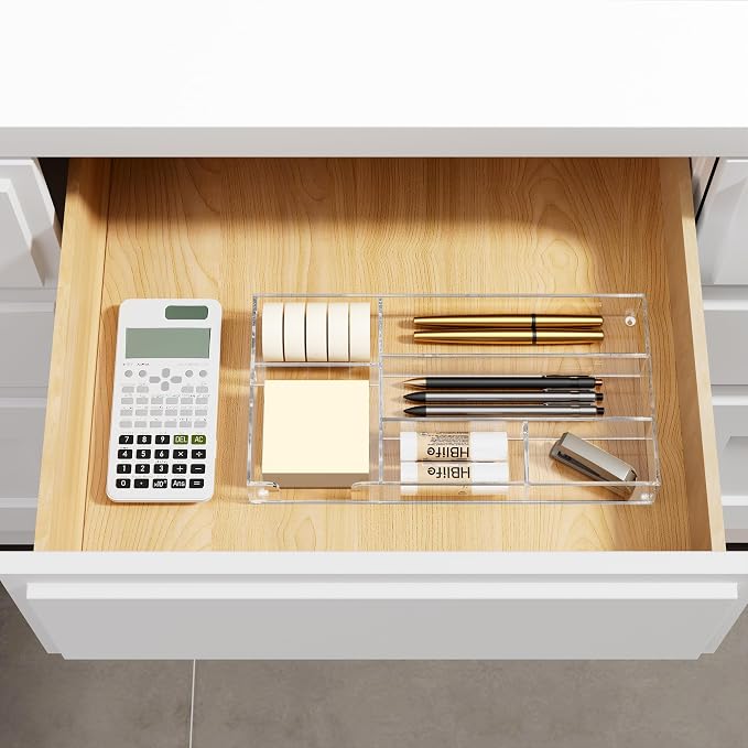 HBlife Acrylic Desk Drawer Organizer Tray with 6 Compartments, Small Clear Office Drawer Organizers and Accessories for Pens, Pencil, Makeup, Desktop, Bathroom and Kitchen, 11.65 x 6.1 x 1.38 Inch