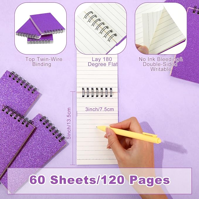 Tenceur 2 Pcs Pocket Notebook Small 3x5 Inch Glitter Purple Top Spiral Notepads Bound Notebook with Lined 120 Pages Mini Memo Pads for Office College Nurse Essentials Back to School Gift