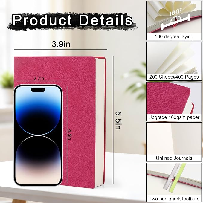 Thick Blank Journal Notebook 400Pages Hardcover Sketch Book Notebook Blank Journal Unlined No Lines Soft Leather Cover A6 (3.9 × 5.5) Journal Leather Notepad Drawing Book Memo Writing Sketch Pad Diary Notebook (Raspberry Pink-400 page)