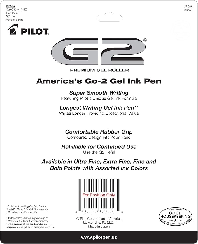 Pilot G2 Premium Refillable and Retractable Gel Ink Pens Fine Point (0.7mm), Retractable Pens, 7 Colors, 8 Count