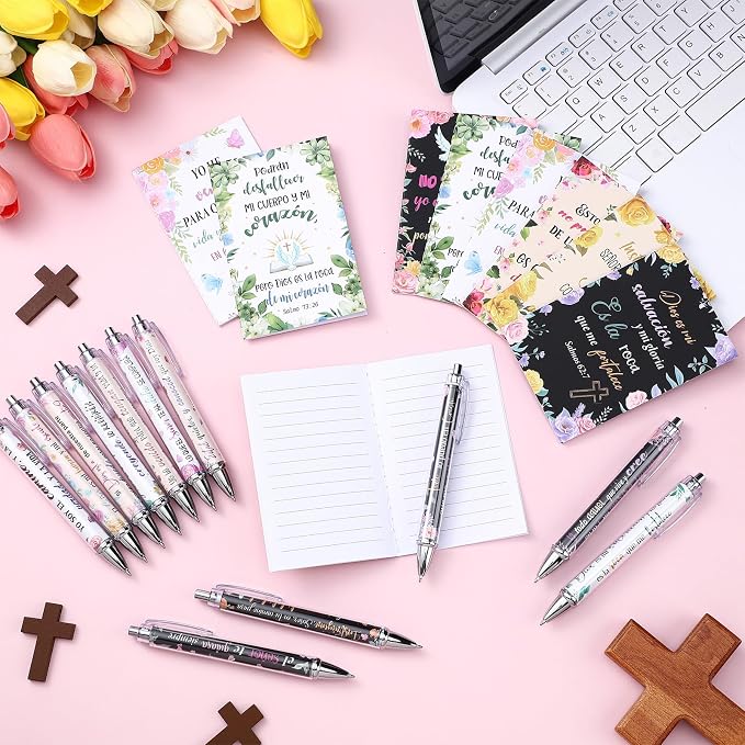 Colarr 12 Sets Christian Bulk Gifts for Women Bible Verse Pens Notebooks Religious VBS Scripture Ballpoint Pens Bookmarks Journal for Easter Sunday School Church Inspirational Supply(Spanish Flowers)