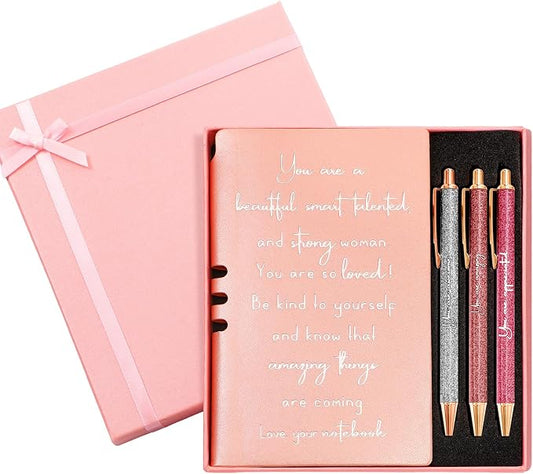 Resurhang 5 Pcs Inspirational Journal for Women Employee Appreciation Gift A6 Leather Journal Glitter Ballpoint Pen with Box for Back to School Teacher Coworker Female Secretary Nurse(Rose Gold)