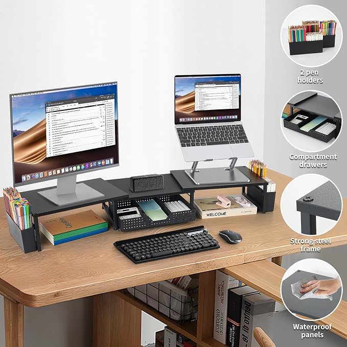 OPNICE Desk Organizers and Accessories, Dual Monitor Stand Riser with Drawer and 2 Pen Holders, Desk Shelf Wood Computer Racks for Office Workspace Organizers, Desktop Organization (Black Wood)