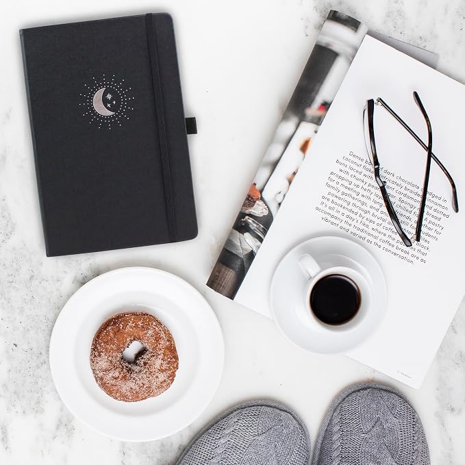 RICCO BELLO Lined Journal Notebook, Black Moon & Stars | Faux Leather Hardcover, With Pen Holder, 96 Sheets / 192 Pages, College Ruled, 5.7 x 8.4 Inches
