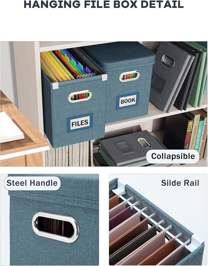 Oterri File Organizer with Lid, Hanging Filing Box with Mesh Pocket, Document Organizer for Letter Files, Portable Storage Box with Smooth Sliding Rail for Office&Home (2 PCS, Dark-blue)