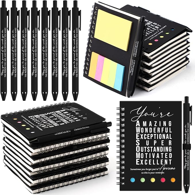 Jetec 20 Pcs/10 Sets Back to School Teacher Gifts Motivational Spiral Notebook with Sticky Notes Pen Bulk Inspirational Journals Thank You Gift for Employee Coworker Birthday Party (Black)