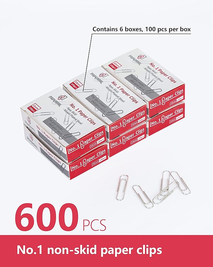 PAPERPAL Paperclips for Office School & Personal Use, #1 Nonskid Paper Clip (1-2/7"), 600 Medium Paper Clips (6 Boxes of 100 Each), Silver | Medium paper clips for office, school and personal use, conveniently packed in 6 boxes of 100 each.