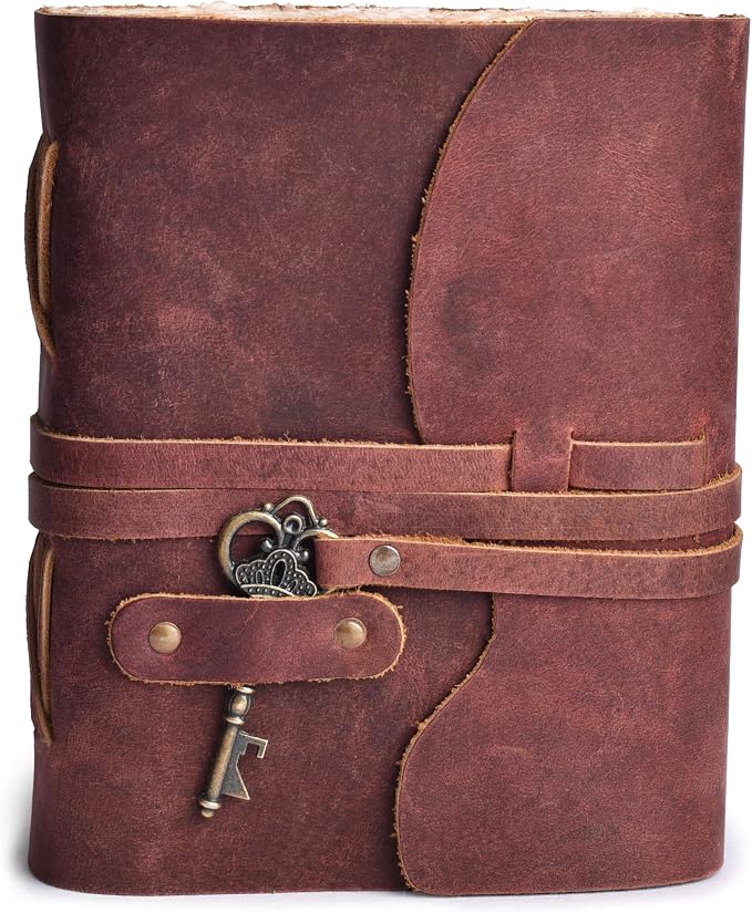 LEATHER VILLAGE Vintage Leather Journal – 200 Handmade Vintage Deckle Edge Paper – Leather bound Journal For Women Men – Vintage Key Closure - Book of Shadows - Red Brown - 13X8 inches